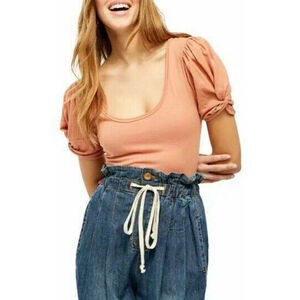 Free People Ava Puff-Sleeve Bodysuit Size M Pink Cinnamon
